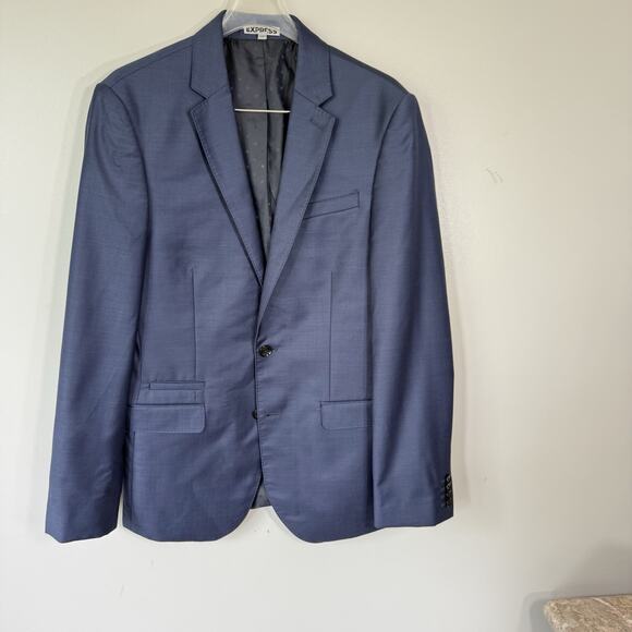 Express 36R Navy Blue Sport Coat Blazer Jacket Solid Wool Blend Two Buttons - Picture 1 of 8